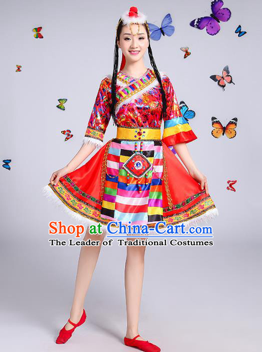 Chinese Traditional Mongol Nationality Dance Costume, Mongols Folk Dance Ethnic Minority Embroidery Red Short Dress Clothing for Women