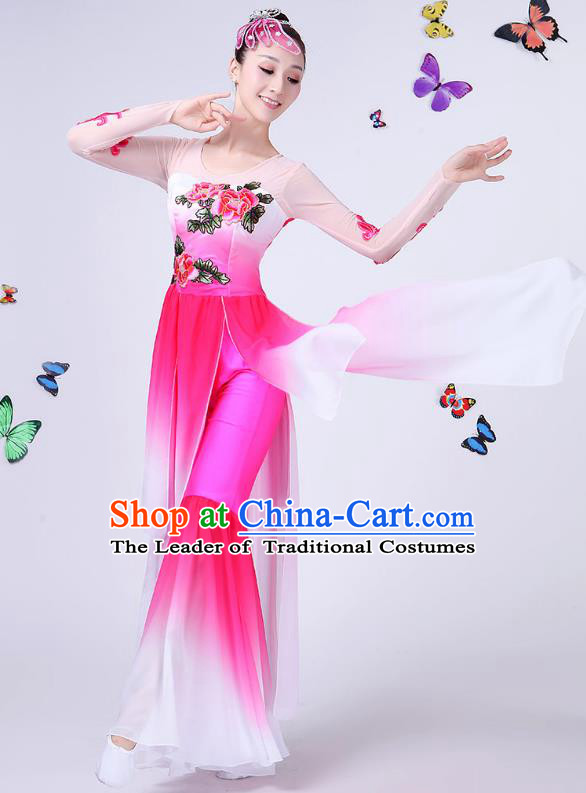 Traditional Chinese Classical Umbrella Dance Embroidered Peony Pink Costume, China Yangko Folk Fan Dance Clothing for Women