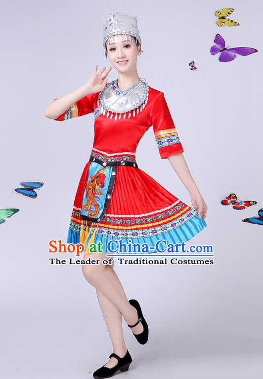 Traditional Chinese Miao Nationality Dance Costume, Chinese Minority Hmong Folk Dance Red Pleated Skirt Embroidery Costume for Women