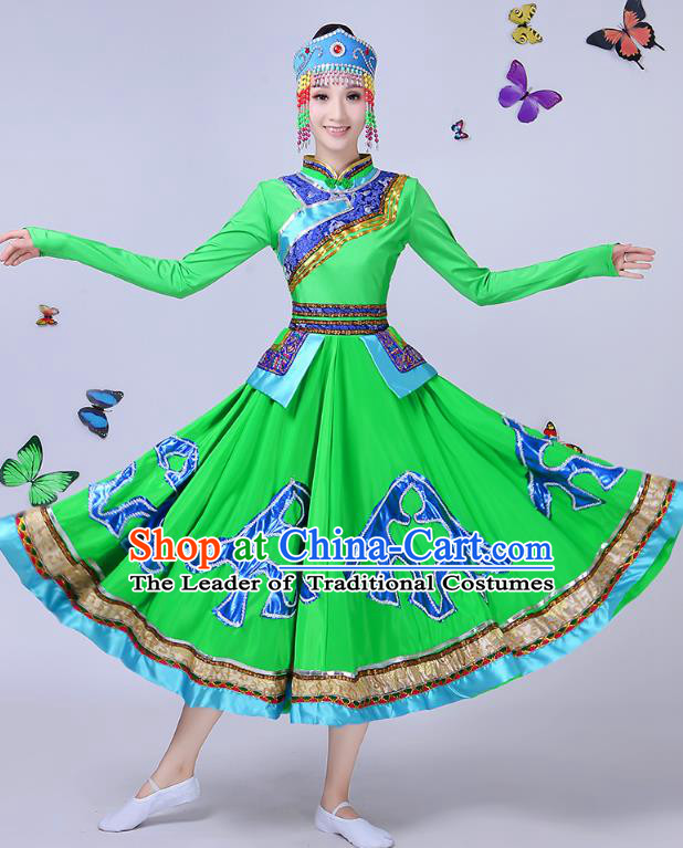 Traditional Chinese Mongol Nationality Dance Costume, Chinese Mongolian Minority Folk Dance Embroidery Green Dress for Women