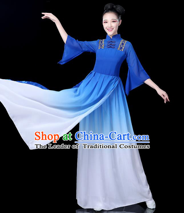 Traditional Chinese Classical Dance Costume Blue Dress, China Yangko Folk Umbrella Dance Clothing for Women