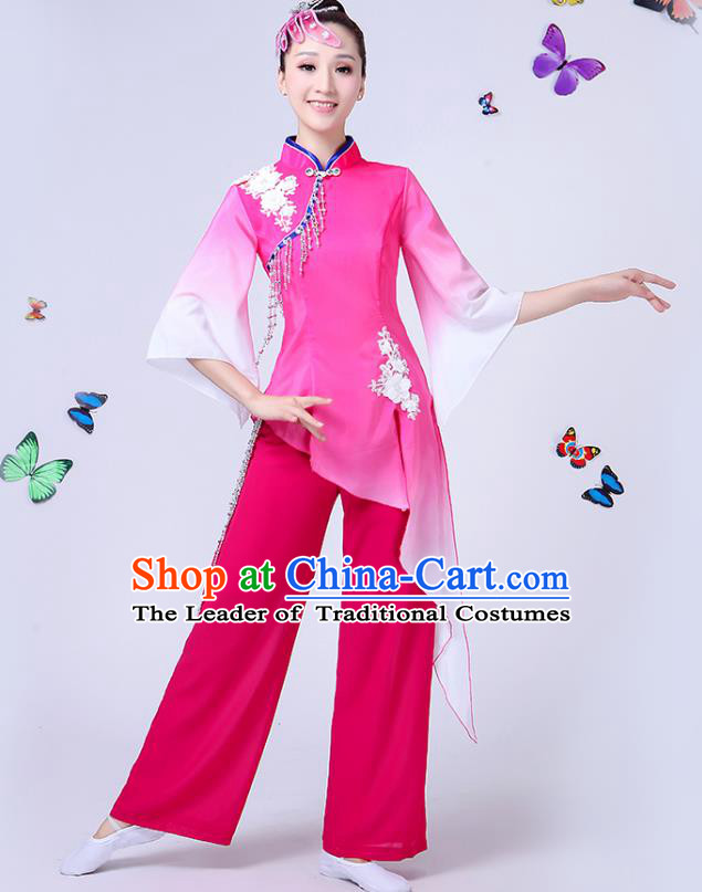 Traditional Chinese Classical Fan Dance Costume, China Yangko Folk Fan Dance Pink Clothing for Women
