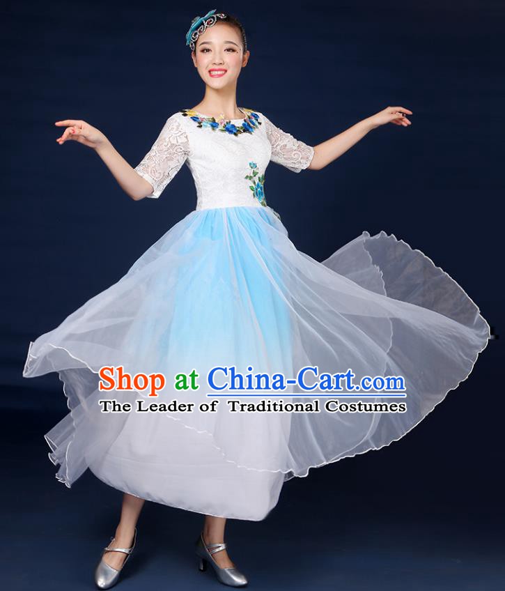 Traditional Chinese Modern Dance Opening Dance Clothing Chorus Classical Dance Lace Blue Dress for Women