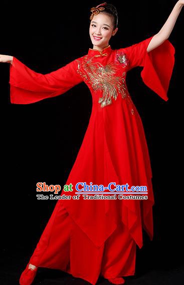 Traditional Chinese Yangge Fan Dance Red Paillette Uniform, China Classical Folk Yangko Drum Dance Clothing for Women