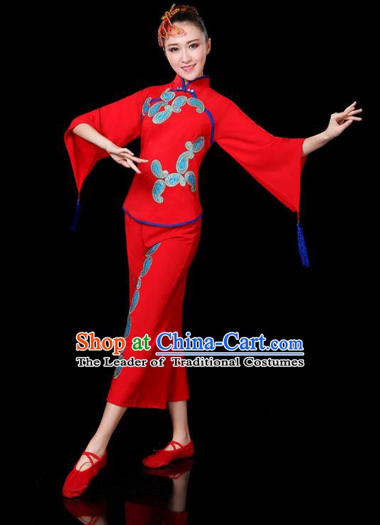 Traditional Chinese Yangge Fan Dance Red Uniform, China Classical Folk Yangko Drum Dance Clothing for Women