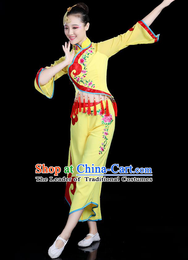 Traditional Chinese Yangge Fan Dance Yellow Costume, China Classical Folk Dance Yangko Drum Dance Clothing for Women