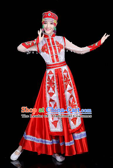 Traditional Chinese Mongol Nationality Dance Costume, Chinese Mongolian Minority Folk Dance Embroidery Red Dress Clothing for Women