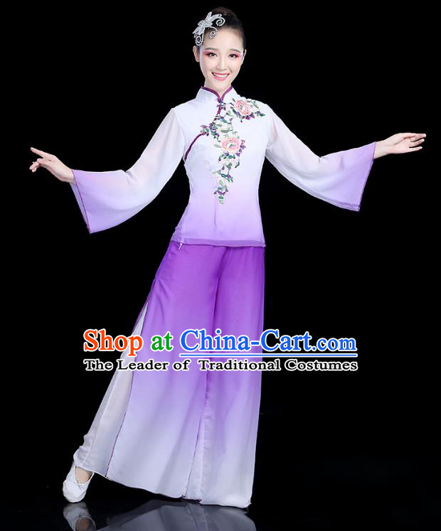 Traditional Chinese Yangge Fan Dance Embroidered Purple Costume, China Classical Folk Dance Yangko Umbrella Dance Clothing for Women