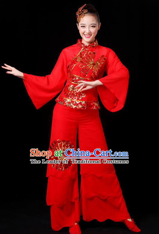 Traditional Chinese Yangge Fan Dance Embroidered Red Uniform, China Classical Folk Yangko Umbrella Dance Clothing for Women