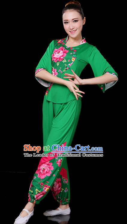 Traditional Chinese Yangge Fan Dance Green Uniform, China Classical Folk Yangko Drum Dance Clothing for Women