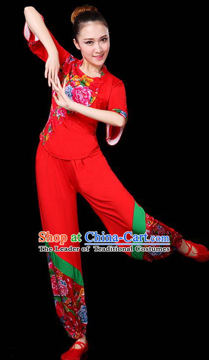 Traditional Chinese Yangge Fan Dance Red Uniform, China Classical Folk Yangko Drum Dance Clothing for Women