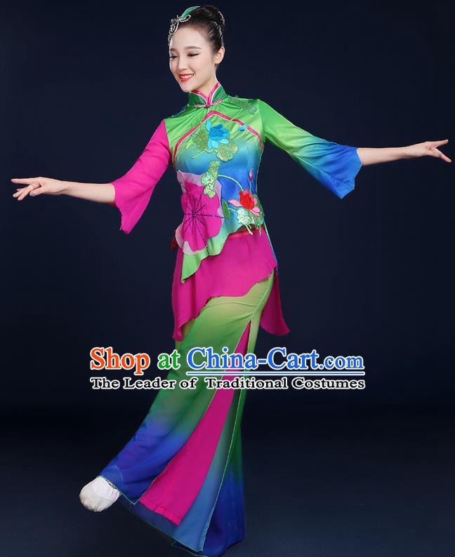 Traditional Chinese Folk Yangge Fan Classical Dance Lotus Green Uniform, China Yangko Drum Dance Clothing for Women