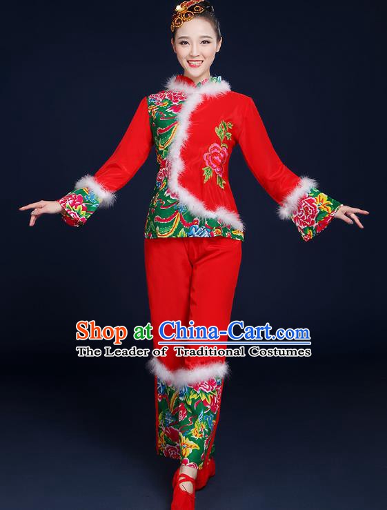 Traditional Chinese Folk Yangge Fan Classical Dance Red Uniform, China Yangko Drum Dance Clothing for Women