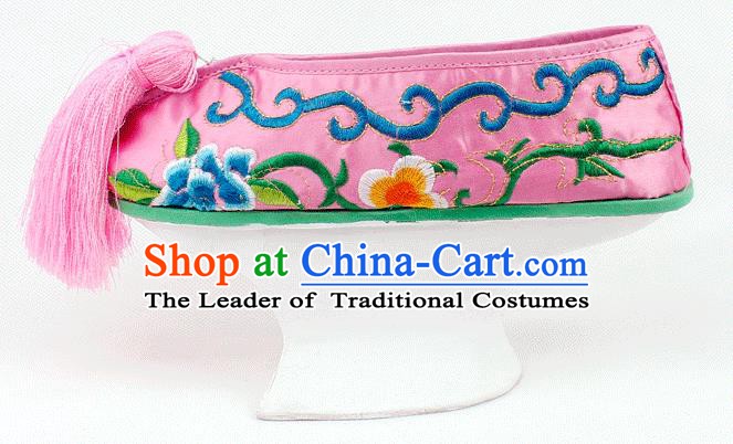 Asian Chinese Beijing Opera Actress Pink Embroidered Shoes, Traditional China Peking Opera Diva Hanfu Manchu Shoes