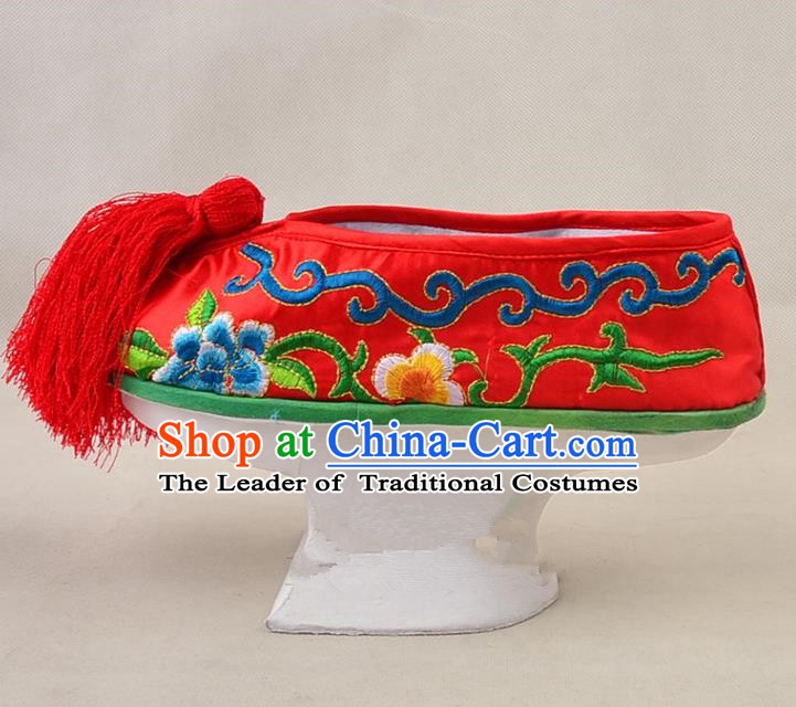 Asian Chinese Beijing Opera Actress Red Embroidered Shoes, Traditional China Peking Opera Diva Hanfu Manchu Shoes