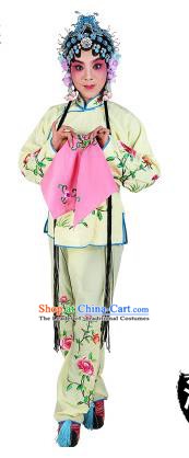 Chinese Beijing Opera Actress Embroidered Peony Costume, China Peking Opera Servant Girl Embroidery Light Yellow Clothing