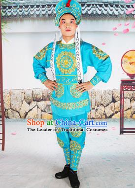 Chinese Beijing Opera Takefu Embroidered Lake Blue Costume, China Peking Opera Soldier Embroidery Clothing