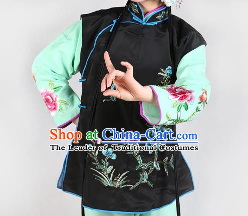 Chinese Beijing Opera Servant Girl Costume Embroidered Black Vest, China Peking Opera Actress Embroidery Waistcoat Clothing