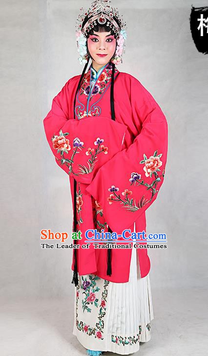 Chinese Beijing Opera Actress Embroidered Peony Rosy Costume, Traditional China Peking Opera Diva Embroidery Clothing