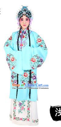 Chinese Beijing Opera Young Lady Embroidered Peony Costume, China Peking Opera Actress Embroidery Light Blue Clothing