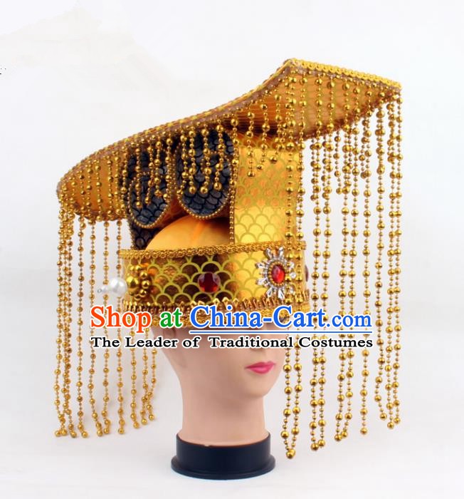 Asian Chinese Beijing Opera Imperial Emperor Hats, Traditional China Peking Opera King Tassel Coronet Headwear