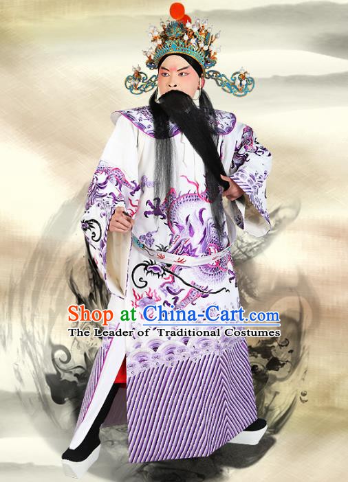 Chinese Beijing Opera Bao Zheng Costume Dragon White Embroidered Robe, China Peking Opera Prime Minister Embroidery Gwanbok Clothing