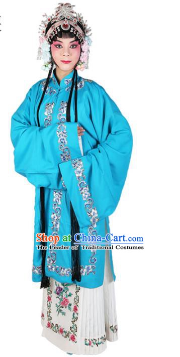 Chinese Beijing Opera Actress Costume Blue Embroidered Cape, Traditional China Peking Opera Nobility Lady Embroidery Clothing