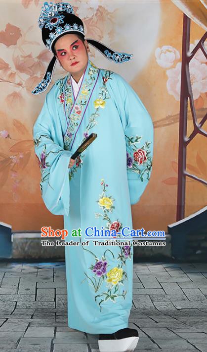 Chinese Beijing Opera Niche Embroidered Blue Costume, China Peking Opera Young Men Embroidery Robe Clothing