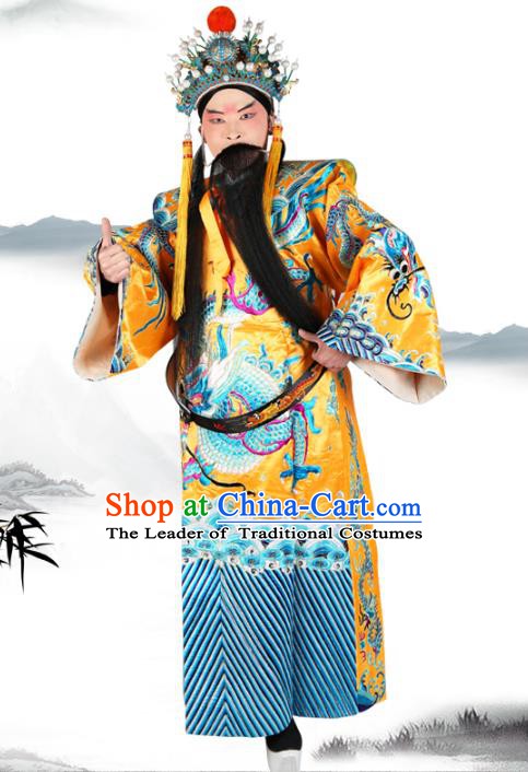 Chinese Beijing Opera Royal Highness Costume Yellow Embroidered Robe, China Peking Opera Prime Minister Embroidery Gwanbok Clothing