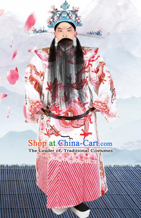 Chinese Beijing Opera Royal Highness Costume Dragons Embroidered Robe, China Peking Opera Prime Minister White Gwanbok Clothing