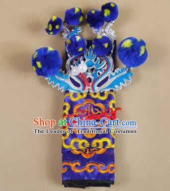 Asian Chinese Beijing Opera Takefu Royalblue Hats, Traditional China Peking Opera Martial Role Warrior Headwear