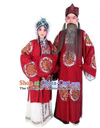 Chinese Beijing Opera Old Men and Women Embroidered Red Costume, China Peking Opera Ministry Councillor Landlord Shiva Embroidery Clothing