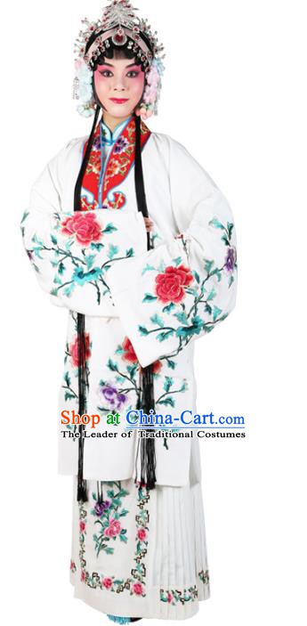 Chinese Beijing Opera Actress Embroidered Flowers White Costume, China Peking Opera Diva Embroidery Clothing