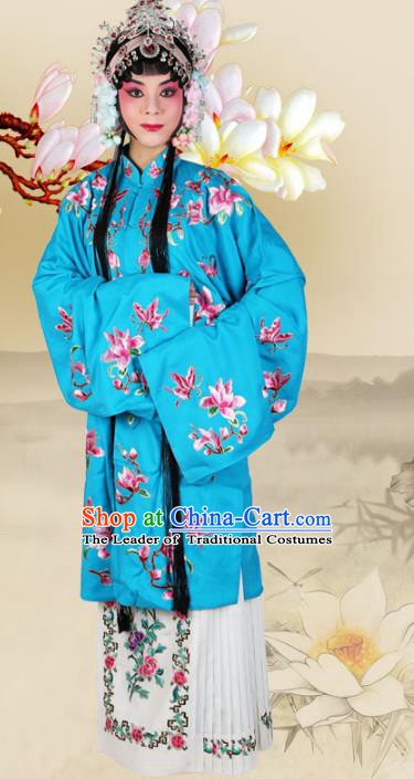 Chinese Beijing Opera Actress Embroidered Magnolia Blue Costume, China Peking Opera Diva Embroidery Clothing
