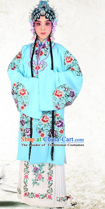 Chinese Beijing Opera Actress Embroidered Peony Flowers Blue Costume, China Peking Opera Diva Embroidery Clothing