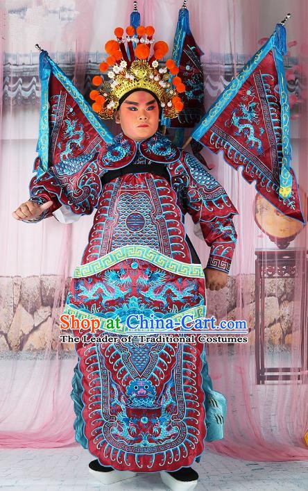 Chinese Beijing Opera General Costume Red Embroidered Robe, China Peking Opera Military Officer Embroidery Gwanbok Clothing