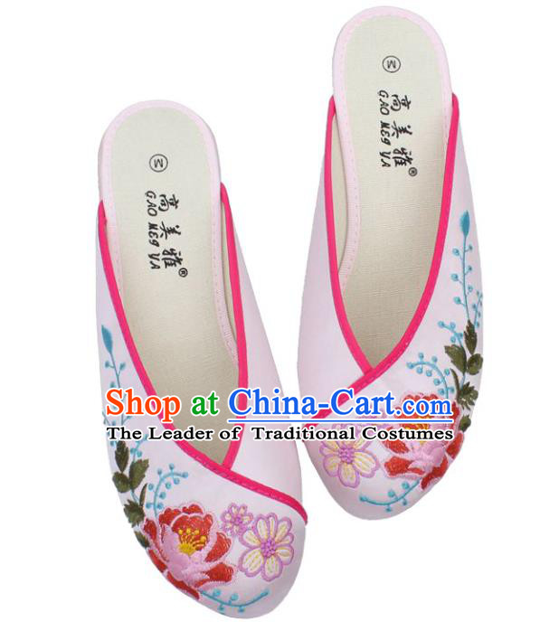Traditional Chinese National Bride Light Pink Satin Embroidered Shoes, China Handmade Embroidery Peony Hanfu Slippers for Women
