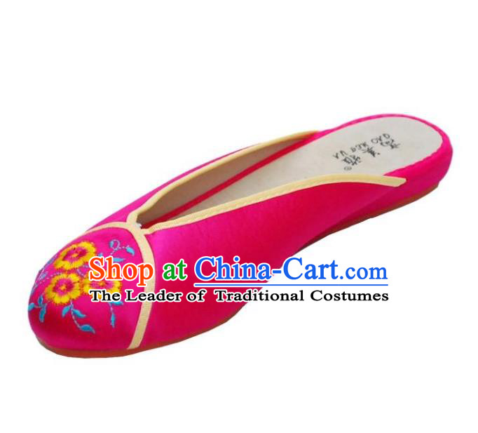 Traditional Chinese National Bride Rosy Embroidered Slippers, China Handmade Embroidery Flowers Hanfu Shoes for Women