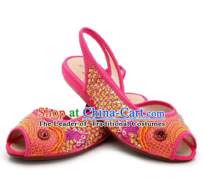 Traditional Chinese National Bride Rosy Paillette Embroidered Sandal, China Handmade Embroidery Flowers Peep-toe Shoes for Women