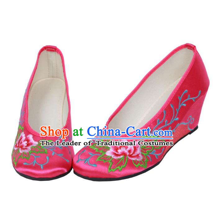 Traditional Chinese National Bride Rosy Embroidered Shoes, China Handmade Embroidery Flowers Wedge-soled Shoes for Women