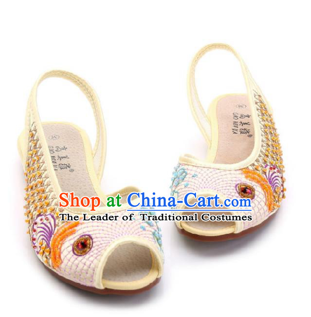 Traditional Chinese National Bride Beige Paillette Embroidered Sandal, China Handmade Embroidery Flowers Peep-toe Shoes for Women