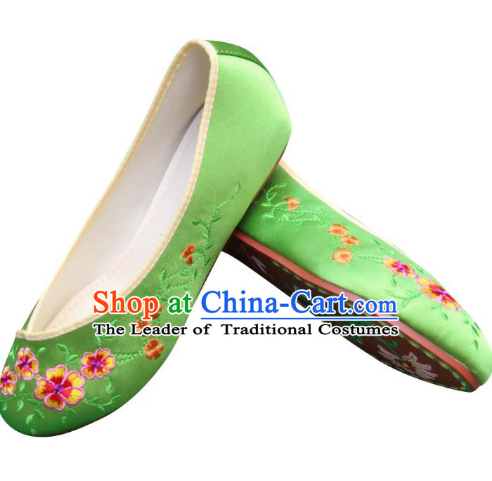 Traditional Chinese National Bride Green Embroidered Shoes, China Handmade Embroidery Flowers Hanfu Shoes for Women