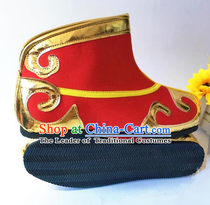 Traditional Handmade Chinese Peking Opera Takefu Red Boots Hanfu Handsome Monkey King Shoes for Men