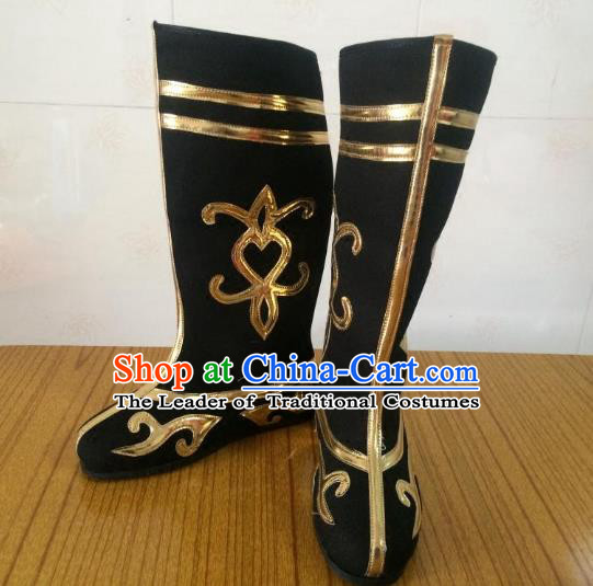 Traditional Chinese Ancient Peking Opera Takefu Embroidered Boots, China Handmade Hanfu Black Embroidery Shoes for Men