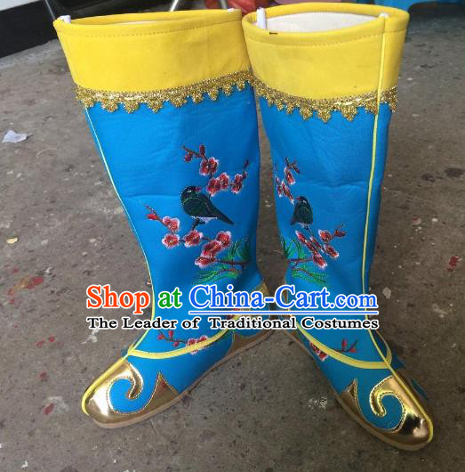 Traditional Chinese Ancient Peking Opera Emperor Embroidered Boots, China Handmade Hanfu Blue Embroidery Shoes for Men