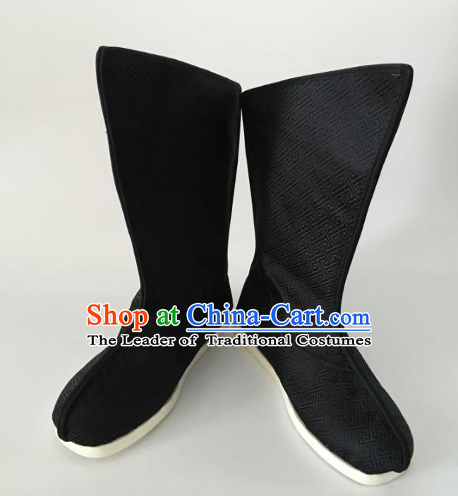 Traditional Chinese Han Dynasty Black Embroidered Boots, China Handmade Ancient Swordsman Hanfu Shoes for Men