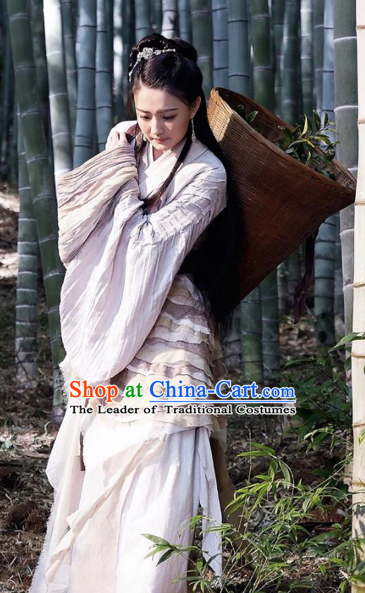 Traditional Ancient Chinese Young Lady Embroidered Tailing Dress Costume and Headpiece Complete Set for Women
