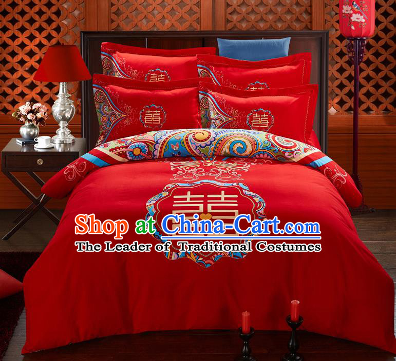 Traditional Chinese Style Wedding Bedding Set, China National Printing Character Xi Red Textile Bedding Sheet Quilt Cover Complete Set