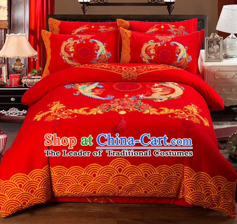 Traditional Chinese Style Wedding Bedding Set, China National Printing Dragon and Phoenix Red Textile Bedding Sheet Quilt Cover Complete Set