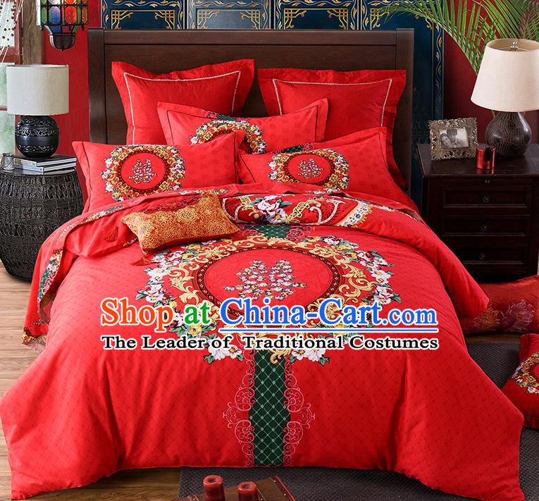 Traditional Chinese Style Wedding Bedding Set, China National Printing Red Textile Bedding Sheet Quilt Cover Complete Set